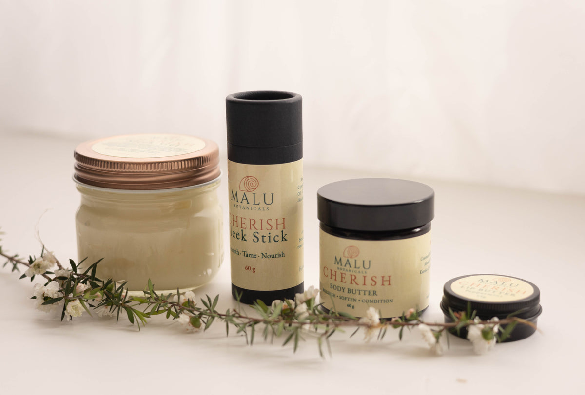MALU Cherish Collection hair and skin care products together